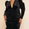 Women's Plus Size Curve Velvet Dress Casual Dress Winter Dress Solid Color Mini Dress Long Sleeve Ruched V Neck Fashion Outdoor Black Fall Winter XL XXL 3XL