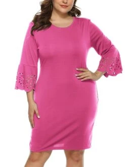 Women‘s Plus Size Curve Party Dress Wedding Guest Dress Black Dress Bodycon Mini Dress Pink 3/4 Length Sleeve Pure Color Patchwork Fall Winter Autumn Crew Neck Fashion Wedding Guest Vacation -HAYz Clothing Shop fjpumy1692179044333