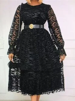 Women‘s Plus Size Curve Flattering Dresses Elegant Apple Shaped Dress Wedding Guest Prom Dress Solid Color Crew Neck Long Sleeve Fall Winter Casual Midi Dress Daily Vacation Dress