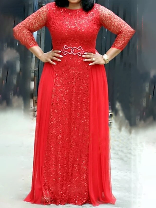 Women‘s Plus Size Curve Party Dress Solid Color Crew Neck Sequins 3/4 Length Sleeve Spring Fall Sequins Prom Dress Maxi Long Dress Party Dress Sequin Dress 2 Women‘s Plus Size Curve Party Dress Solid Color Crew Neck Sequins 3/4 Length Sleeve Spring Fall Sequins Prom Dress Maxi Long Dress Party Dress Sequin Dress - Image 2