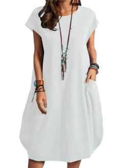 Women's Cotton Linen Dress Casual Dress Shift Dress Midi Dress Cotton And Linen Casual Classic Outdoor Daily Vacation Crew Neck Pocket Short Sleeve Summer Spring Fall 2023 Regular Fit Black White -HAYz Clothing Shop fjzhok1652429728609