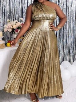 Women's Plus Size Curve Party Dress Swing Dress Evening Gown Plain Long Dress Maxi Dress Sleeveless Pleated Backless One Shoulder Fashion Party Gold Spring Fall XL XXL 3XL 4XL -HAYz Clothing Shop fkgfle1694151484197