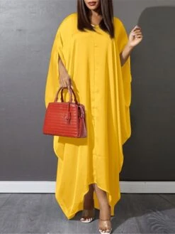 Women's Plus Size Curve Shirt Dress Casual Dress Swing Dress Plain Long Dress Maxi Dress 3/4 Length Sleeve Button V Neck Fashion Outdoor Yellow Orange Fall Winter L XL XXL 3XL 4XL -HAYz Clothing Shop fklzpx1693533685971