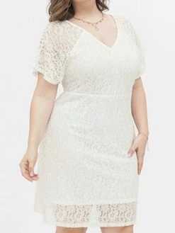 Women's Plus Size Party Dress Lace Dress Cocktail Dress Midi Dress White Short Sleeve Pure Color Lace Spring Fall Winter V Neck Fashion Birthday Wedding Guest Vacation 2023 XL XXL 3XL 4XL -HAYz Clothing Shop fkpdhx1693535468350
