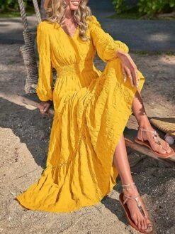 Women's Casual Dress Cotton Linen Dress Swing Dress Midi Dress Polyester Fashion Modern Outdoor Daily Vacation V Neck Ruched Ruffle Long Sleeve Summer Spring Fall 2023 Loose Fit Black Yellow Blue