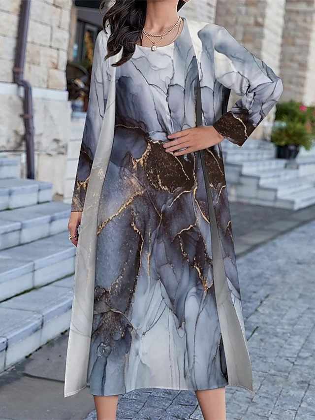 Women's Dress Set Two Piece Dress Shift Dress Midi Dress Dusty Blue Long Sleeve Print Print Summer Spring Crew Neck Stylish Winter Dress Fall Dress Loose Fit 2023 S M L XL XXL 3XL 4XL 5XL 4 Women's Dress Set Two Piece Dress Shift Dress Midi Dress Dusty Blue Long Sleeve Print Print Summer Spring Crew Neck Stylish Winter Dress Fall Dress Loose Fit 2023 S M L XL XXL 3XL 4XL 5XL - Image 4