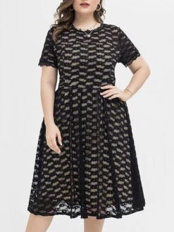 Women‘s Plus Size Curve Party Dress Lace Dress Cocktail Dress Midi Dress Black Short Sleeve Pure Color Lace Summer Spring Fall Crew Neck Fashion Birthday Wedding Guest Vacation 2023 -HAYz Clothing Shop flatiy1691660764195