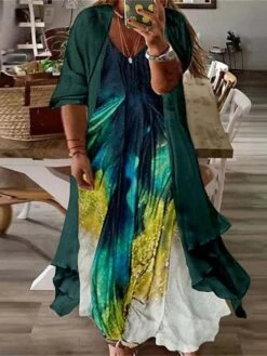 Women‘s Plus Size Curve Casual Dress Floral V Neck Print 3/4 Length Sleeve Fall Spring Vintage Casual Maxi Long Dress Daily Vacation Dress -HAYz Clothing Shop flbrta1649760917010