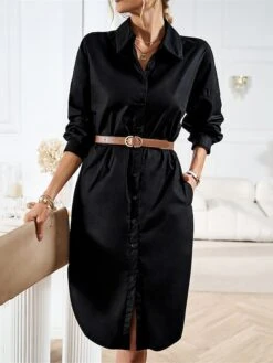 Women's Casual Dress Work Dress Shift Dress Mini Dress Outdoor Office Business Cotton Classic Modern Shirt Collar Button Pocket Long Sleeve Summer Spring Fall 2023 Loose Fit Black White Blue Pure -HAYz Clothing Shop fldxzs1688542170365