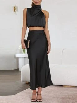 Women's Two Piece Dress Set Casual Dress Skirt Set Daily Holiday Fashion Sexy Ruched Long Dress Maxi Dress Stand Collar Sleeveless Plain Regular Fit Black White Light Green Summer Spring S M L XL