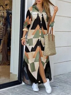 Women's Shirt Dress Maxi Long Dress Winter Dress Street Causal Polyester Spandex Basic Elegant Collar Pocket Split Long Sleeve Summer Spring Fall 2022 Loose Fit Multicolor Newspaper Diamond Geometric