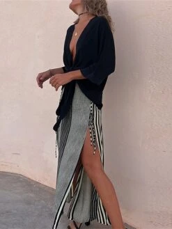 Women's Two Piece Dress Set Casual Dress Skirt Set Outdoor Daily Fashion Casual Lace Up Split Long Dress Maxi Dress V Neck 3/4 Length Sleeve Stripe Regular Fit Black Summer Spring S M L XL 8 Women's Two Piece Dress Set Casual Dress Skirt Set Outdoor Daily Fashion Casual Lace Up Split Long Dress Maxi Dress V Neck 3/4 Length Sleeve Stripe Regular Fit Black Summer Spring S M L XL -HAYz Clothing Shop flgole1690857252501