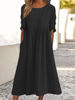 Women's Casual Dress Cotton Linen Dress Swing Dress Midi Dress Cotton Blend Basic Classic Outdoor Daily Vacation Crew Neck Pocket Long Sleeve Summer Spring Fall 2023 Loose Fit Black Gray Plain S M L -HAYz Clothing Shop flgpev1676517815584