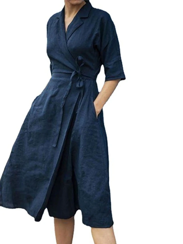 Women's Casual Dress Cotton Linen Dress Swing Dress Maxi Long Dress Cotton Blend Stylish Elegant Daily Holiday Vacation Shirt Collar Lace Up Pocket Half Sleeve Summer Spring 2022 Regular Fit Yellow 4 Women's Casual Dress Cotton Linen Dress Swing Dress Maxi Long Dress Cotton Blend Stylish Elegant Daily Holiday Vacation Shirt Collar Lace Up Pocket Half Sleeve Summer Spring 2022 Regular Fit Yellow - Image 4