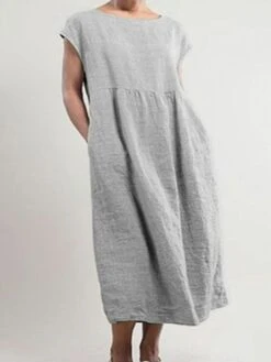 Women's Cotton Linen Dress A Line Dress Maxi Long Dress Cotton Blend Basic Casual Daily Vacation Crew Neck Patchwork Pocket Short Sleeve Summer Spring Linen Loose Fit Black White Pink Pure Color S M -HAYz Clothing Shop flqzvp1605666957763