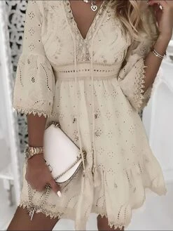 Women's Casual Dress Cotton Dress A Line Dress Mini Dress Cotton Fashion Modern Outdoor Daily Vacation V Neck Ruffle Embroidered 3/4 Length Sleeve Summer Spring Fall 2023 Regular Fit White Apricot -HAYz Clothing Shop fmhwqd1689839050032