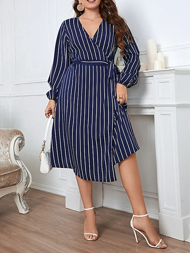 Women's Plus Size Party Dress Wedding Guest Dress Wrap Dress Midi Dress Royal Blue Long Sleeve Line With Belt Spring Fall Winter V Neck Fashion Winter Dress Evening Party Wedding Guest 2023 XL XXL 2 Women's Plus Size Party Dress Wedding Guest Dress Wrap Dress Midi Dress Royal Blue Long Sleeve Line With Belt Spring Fall Winter V Neck Fashion Winter Dress Evening Party Wedding Guest 2023 XL XXL - Image 2