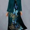 Women's Plus Size Curve Casual Dress Dress Set Two Piece Dress Butterfly Midi Dress Long Sleeve Print Crew Neck Fashion Outdoor Red Blue Fall Winter L XL XXL 3XL 4XL