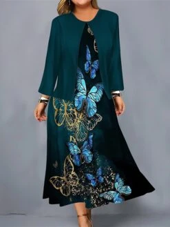 Women's Plus Size Curve Casual Dress Dress Set Two Piece Dress Butterfly Midi Dress Long Sleeve Print Crew Neck Fashion Outdoor Red Blue Fall Winter L XL XXL 3XL 4XL