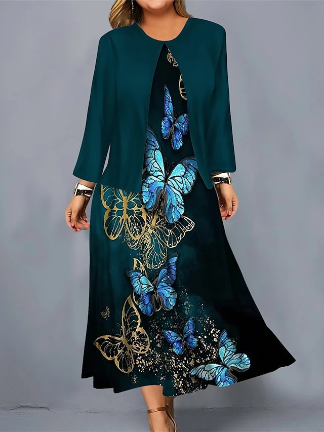 Women's Plus Size Curve Casual Dress Dress Set Two Piece Dress Butterfly Midi Dress Long Sleeve Print Crew Neck Fashion Outdoor Red Blue Fall Winter L XL XXL 3XL 4XL 1 Women's Plus Size Curve Casual Dress Dress Set Two Piece Dress Butterfly Midi Dress Long Sleeve Print Crew Neck Fashion Outdoor Red Blue Fall Winter L XL XXL 3XL 4XL