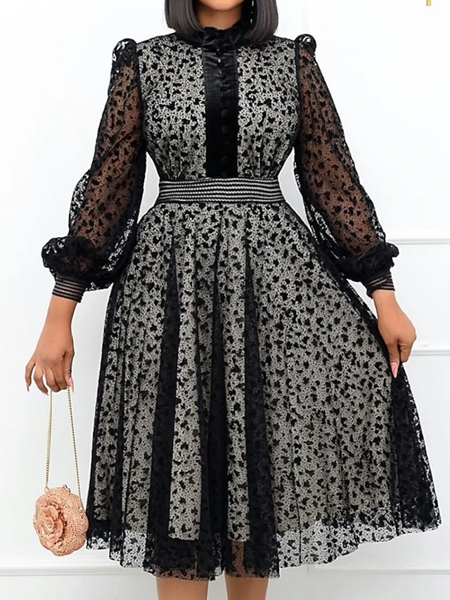 Women‘s Plus Size Curve Black Dress Easter Dress Crew Neck Lace Vacation Dress Solid Color Long Sleeve Fall Winter Prom Dress Midi Dress 2 Women‘s Plus Size Curve Black Dress Easter Dress Crew Neck Lace Vacation Dress Solid Color Long Sleeve Fall Winter Prom Dress Midi Dress - Image 2