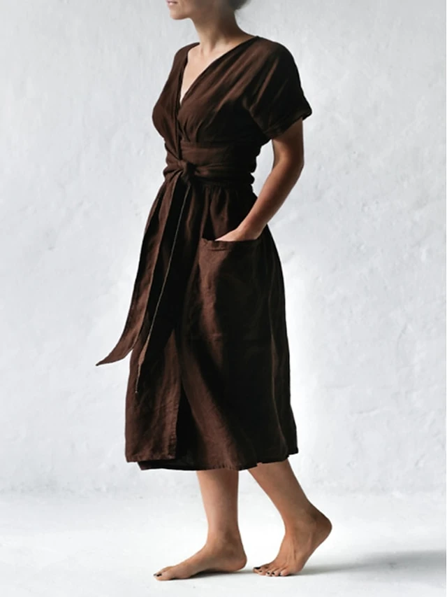 Women's Casual Dress Cotton Linen Dress A Line Dress Midi Dress Polyester Fashion Street Style Outdoor Daily Date V Neck Pocket Strappy Short Sleeve Summer Spring 2023 Regular Fit Pink Wine Brown 7 Women's Casual Dress Cotton Linen Dress A Line Dress Midi Dress Polyester Fashion Street Style Outdoor Daily Date V Neck Pocket Strappy Short Sleeve Summer Spring 2023 Regular Fit Pink Wine Brown - Image 7