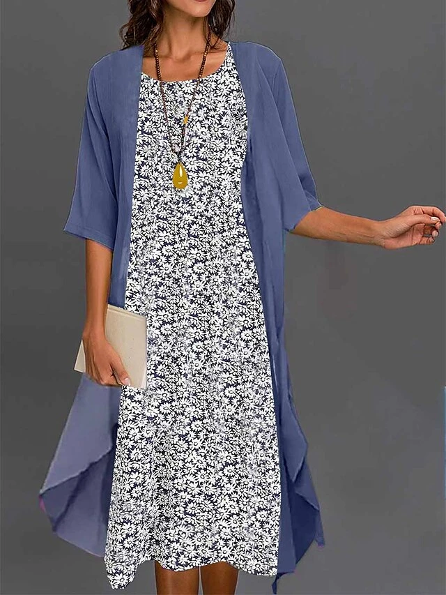 Women's Two Piece Dress Set Casual Dress Floral Dress Outdoor Daily Fashion Elegant Print Midi Dress Crew Neck 3/4 Length Sleeve Floral Regular Fit White Pink Blue Summer Spring S M L XL XXL 5 Women's Two Piece Dress Set Casual Dress Floral Dress Outdoor Daily Fashion Elegant Print Midi Dress Crew Neck 3/4 Length Sleeve Floral Regular Fit White Pink Blue Summer Spring S M L XL XXL - Image 5