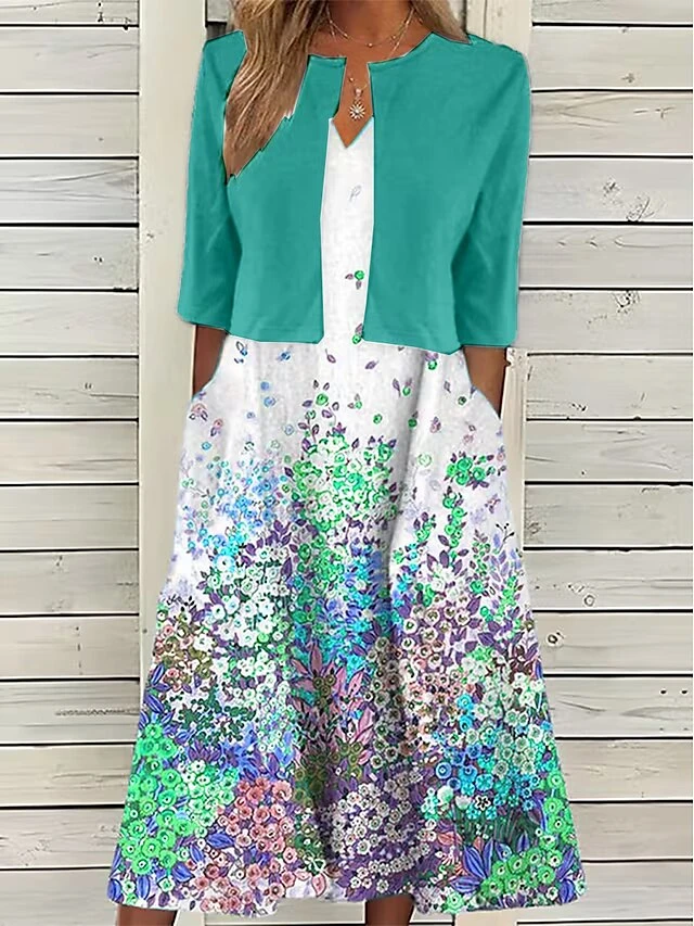 Women's Two Piece Dress Set Casual Dress Print Dress Outdoor Daily Active Modern Pocket Print Midi Dress V Neck Half Sleeve Floral Regular Fit White Red Green Summer Spring S M L XL XXL 5 Women's Two Piece Dress Set Casual Dress Print Dress Outdoor Daily Active Modern Pocket Print Midi Dress V Neck Half Sleeve Floral Regular Fit White Red Green Summer Spring S M L XL XXL - Image 5