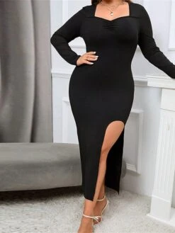 Women's Plus Size Curve Party Dress Winter Dress Black Dress Plain Midi Dress Long Sleeve Split V Neck Fashion Party Black Fall Winter XL XXL 3XL -HAYz Clothing Shop fnkmsk1694576130173