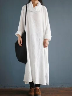 Women's Casual Dress Cotton Linen Dress Cotton Dress Maxi Long Dress Cotton Daily Stylish Outdoor Daily Vacation Turtleneck Split Long Sleeve Spring Fall Winter 2023 Loose Fit White Yellow Wine Plain