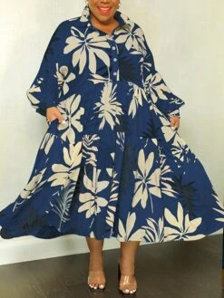 Women‘s Plus Size Curve Denim Dress Casual Dress Swing Dress Leaf Midi Dress Long Sleeve Button Print Shirt Collar Fashion Daily White Blue Fall Spring XL XXL 3XL 4XL 5XL