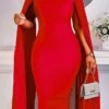 Women‘s Plus Size Curve Work Dress Solid Color Crew Neck Long Sleeve Spring Fall Work Formal Midi Dress Date Vacation Dress