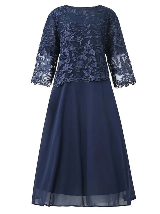 Women's Plus Size Party Dress Lace Dress Cocktail Dress Midi Dress Navy Blue 3/4 Length Sleeve Pure Color Lace Spring Fall Winter Crew Neck Fashion Winter Dress Wedding Guest Vacation 2023 L XL XXL 3 Women's Plus Size Party Dress Lace Dress Cocktail Dress Midi Dress Navy Blue 3/4 Length Sleeve Pure Color Lace Spring Fall Winter Crew Neck Fashion Winter Dress Wedding Guest Vacation 2023 L XL XXL - Image 3