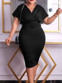 Women‘s Plus Size Curve Easter Dress Work Dress Solid Color V Neck Short Sleeve Spring Dress Fall Work Formal Knee Length Dress Date Vacation Dress -HAYz Clothing Shop fonpal1661334435996