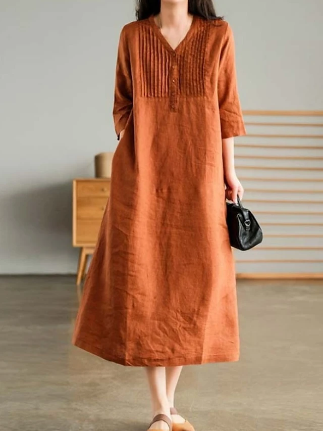 Women's Casual Dress Cotton Linen Dress White Dress Midi Dress Bamboo Fashion Modern Daily Vacation V Neck Ruched Patchwork Half Sleeve Summer Spring Fall 2023 Regular Fit White Blue Orange Plain M L 3 Women's Casual Dress Cotton Linen Dress White Dress Midi Dress Bamboo Fashion Modern Daily Vacation V Neck Ruched Patchwork Half Sleeve Summer Spring Fall 2023 Regular Fit White Blue Orange Plain M L - Image 3