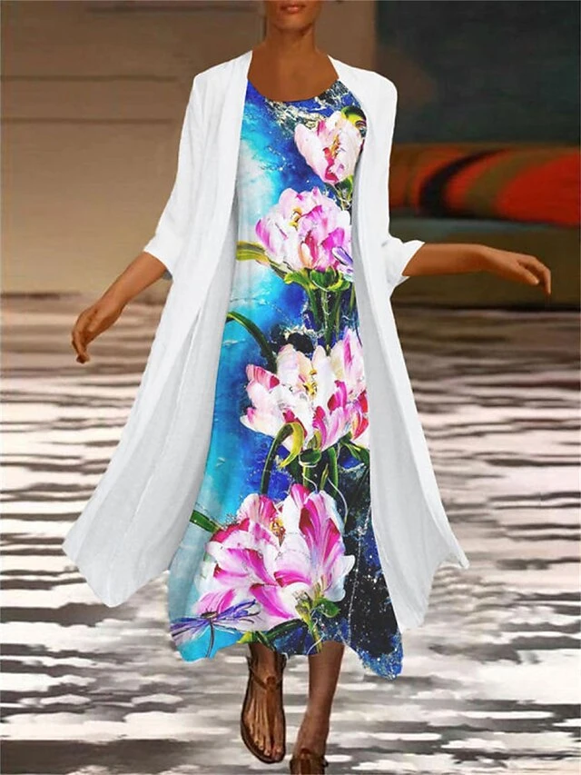 Women's Two Piece Dress Set Casual Dress Chiffon Dress Outdoor Office Fashion Casual Print Midi Dress Crew Neck 3/4 Length Sleeve Floral Loose Fit Blue Green Summer Spring M L XL XXL 3XL 4 Women's Two Piece Dress Set Casual Dress Chiffon Dress Outdoor Office Fashion Casual Print Midi Dress Crew Neck 3/4 Length Sleeve Floral Loose Fit Blue Green Summer Spring M L XL XXL 3XL - Image 4