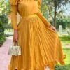 Women's Two Piece Dress Set Party Dress Skirt Set Party Wedding Guest Fashion Party Pleated Ruffle Midi Dress Stand Collar Long Sleeve Plain Loose Fit White Yellow Red Fall Winter S M L XL XXL