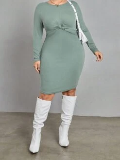 Women's Plus Size Curve Casual Dress Winter Dress Bodycon Solid Color Midi Dress Long Sleeve Ruched Crew Neck Fashion Outdoor Green Fall Winter XL XXL 3XL -HAYz Clothing Shop fppphz1697706238831