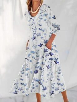 Women's Casual Dress Cotton Linen Dress Swing Dress Maxi Long Dress Polyester Fashion Casual Daily Outdoor Daily Vacation V Neck Pocket Print Long Sleeve Summer Spring Fall 2023 Loose Fit Light Green -HAYz Clothing Shop fqbtjm1690539144789