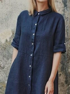 Women's Shirt Dress Casual Dress Cotton Dress Midi Dress Cotton Classic Casual Outdoor Daily Vacation Shirt Collar Ruched Button Long Sleeve Fall Winter Autumn 2023 Regular Fit Pink Red Navy Blue -HAYz Clothing Shop fqvbfk1693823267559