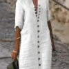 Women's Shirt Dress Casual Dress Cotton Linen Dress Midi Dress Cotton Blend Classic Modern Outdoor Daily Vacation Split Neck Button Half Sleeve Summer Spring Fall 2023 Loose Fit White Plain S M L XL