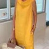 Women's Casual Dress Cotton Linen Dress Shift Dress Midi Dress Cotton Blend Fashion Basic Outdoor Daily Vacation Cowl Neck Pocket Sleeveless Summer Spring 2023 Loose Fit Black Yellow Pink Plain S M L
