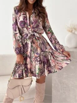 Women's Shirt Dress Casual Dress Swing Dress Mini Dress Outdoor Daily Vacation Polyester Fashion Casual Shirt Collar Lace Up Pocket Long Sleeve Spring Fall Winter 2023 Loose Fit Blue Brown Apricot -HAYz Clothing Shop frwqhc1696846047357