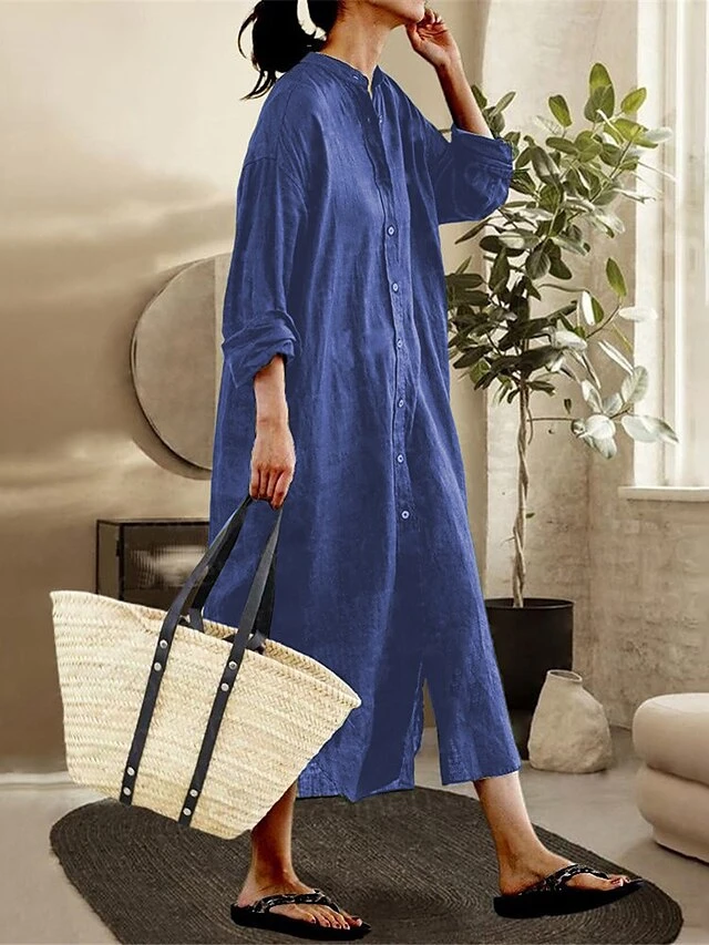 Women's Shirt Dress Casual Dress Cotton Linen Dress Maxi Long Dress Linen / Cotton Blend Basic Classic Outdoor Daily Vacation Crew Neck Button Long Sleeve Spring Fall Winter 2023 Loose Fit ArmyGreen 2 Women's Shirt Dress Casual Dress Cotton Linen Dress Maxi Long Dress Linen / Cotton Blend Basic Classic Outdoor Daily Vacation Crew Neck Button Long Sleeve Spring Fall Winter 2023 Loose Fit ArmyGreen - Image 2