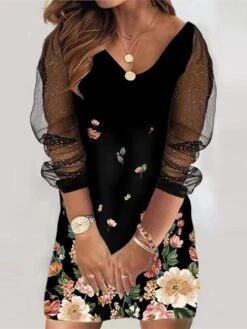Women‘s Plus Size Curve Holiday Dress Floral V Neck Mesh Long Sleeve Fall Spring Casual Mini Dress Casual Daily DressSheath DressBlack DressPrint -HAYz Clothing Shop fsahjb1647491217372