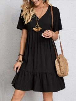 Women's Casual Dress Cotton Linen Dress Swing Dress Mini Dress Polyester Basic Classic Outdoor Daily Vacation V Neck Ruffle Short Sleeve Summer Spring 2023 Regular Fit Black Pink Red Plain S M L XL