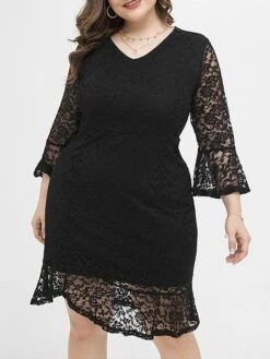 Women's Plus Size Party Dress Lace Dress Cocktail Dress Midi Dress Black 3/4 Length Sleeve Pure Color Lace Spring Fall Winter V Neck Fashion Winter Dress Birthday Wedding Guest 2023 XL XXL 3XL 4XL -HAYz Clothing Shop fsedkl1693535469422