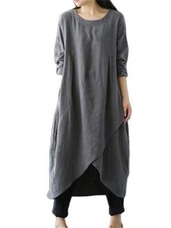 Women's Cotton Linen Dress Casual Dress Shift Dress Maxi Long Dress Cotton Blend Casual Winter Dress Daily Going Out Crew Neck Pocket Layered Long Sleeve Summer Spring Fall 2023 Loose Fit Black Green