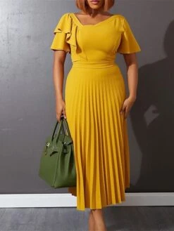 Women‘s Plus Size Curve Party Dress Solid Color V Neck Ruched Short Sleeve Fall Spring Work Prom Dress Maxi Long Dress Party Holiday Dress Ruffle -HAYz Clothing Shop fsgdzi1648636995250