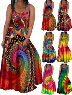Women‘s Plus Size Curve Casual Dress Strap Dress Tie Dye Long Dress Maxi Dress Sleeveless Print Strap Fashion Outdoor Multicolor Black Summer Spring L XL XXL 3XL 4XL